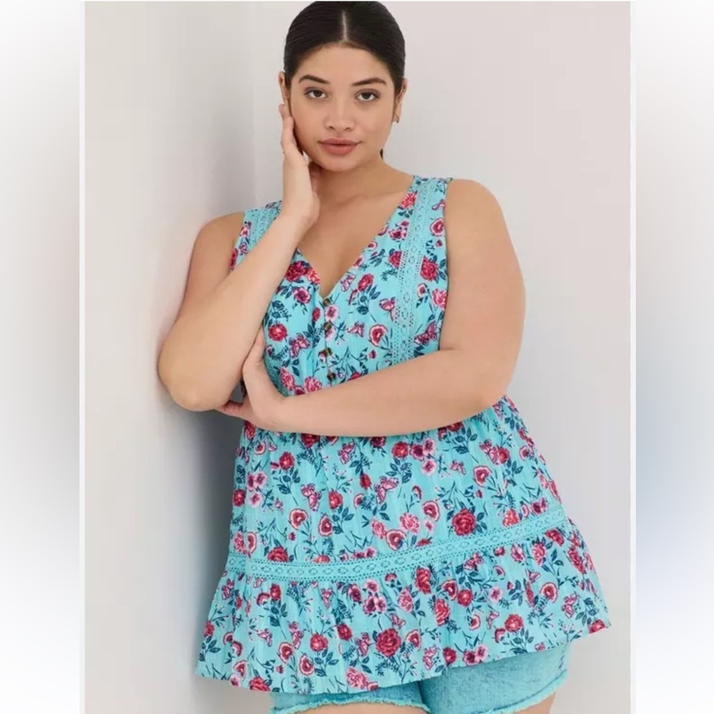Torrid Babydoll Cotton Crochet Inset Tiered Tank- 100% cotton